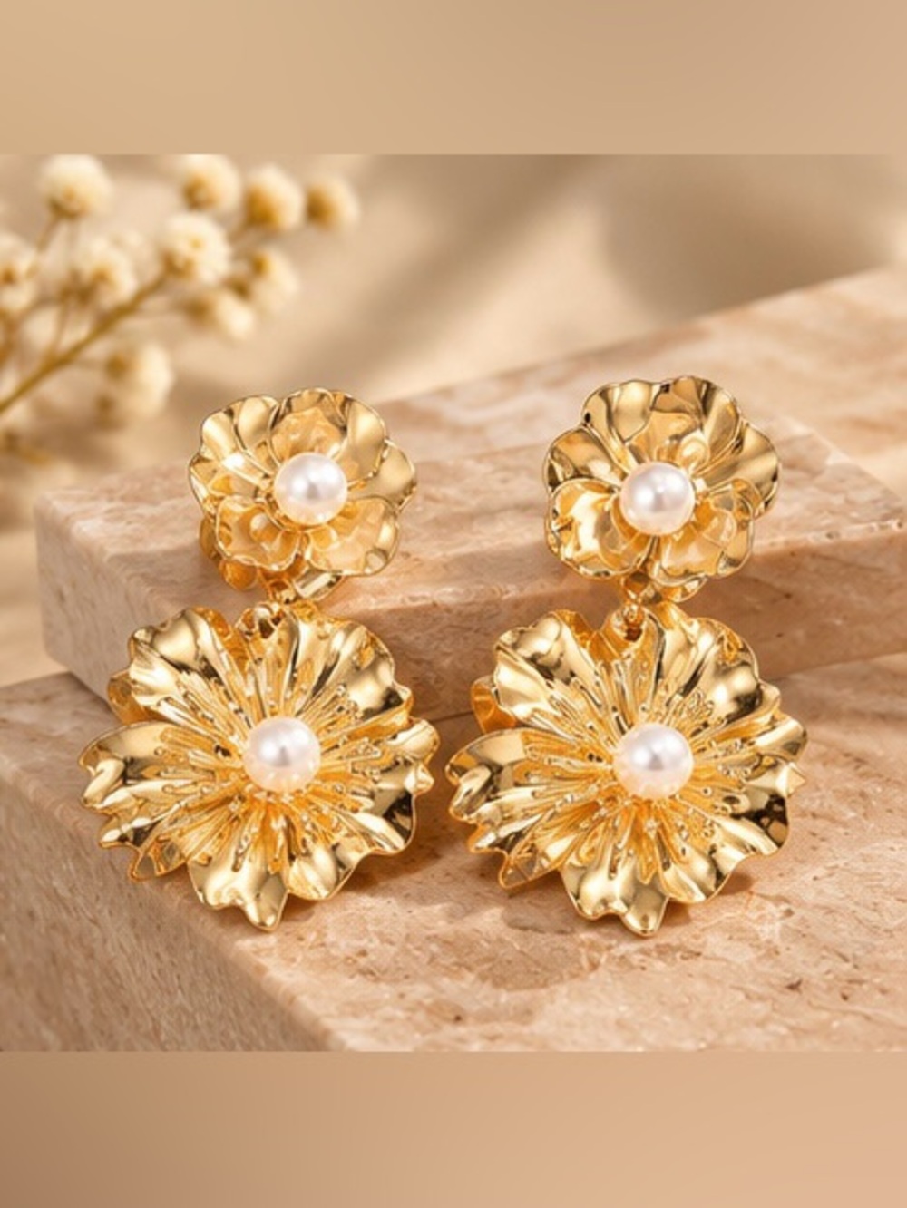 Gold Floral Pearl Statement Earrings Oversized Flower Drop Earrings Elegant Jewe
